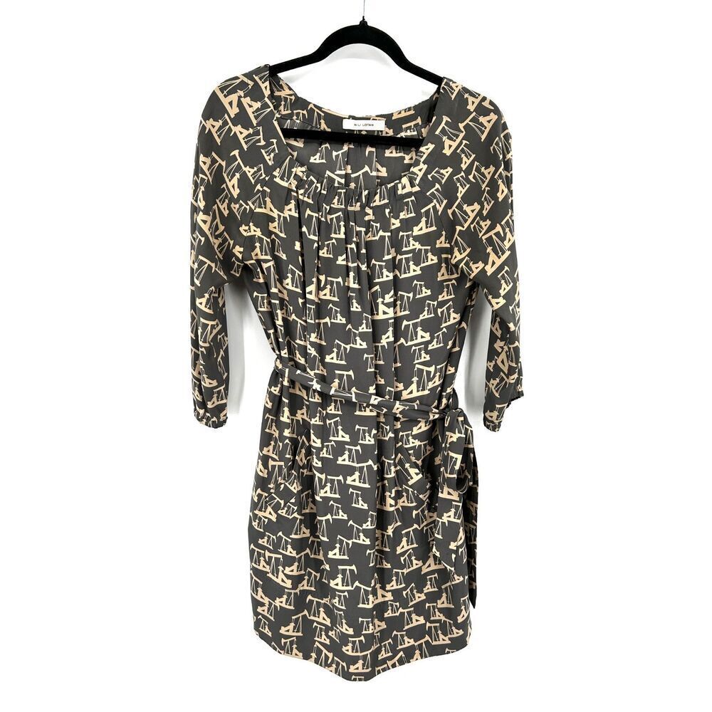 NILI LOTAN Gray Beige 100% Silk Pleat Oil Rig Print 3/4 Sleeve Mini Dress Small